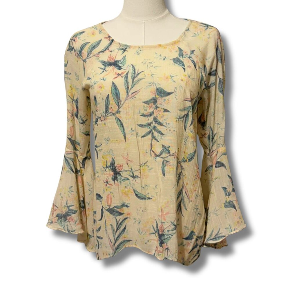 Lauren Conrad Floral Bell Sleeve Blouse | Sheer Boho Cottage Top | Size S